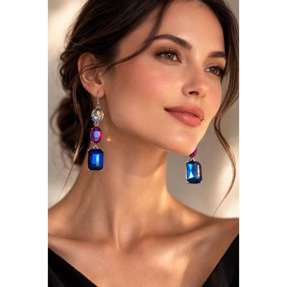 Multicolor Crystal Drop Earrings Silver Tone Dangle Statement Earrings Blue Pink